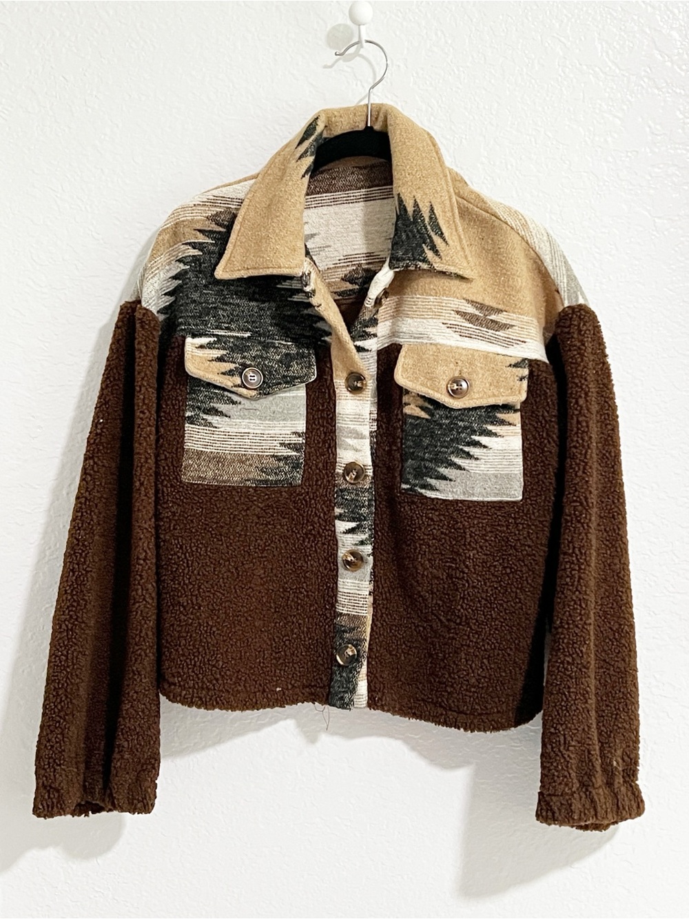 SHEIN Brown Tan Aztec Sherpa Jacket Button Front Boho Cropped Small